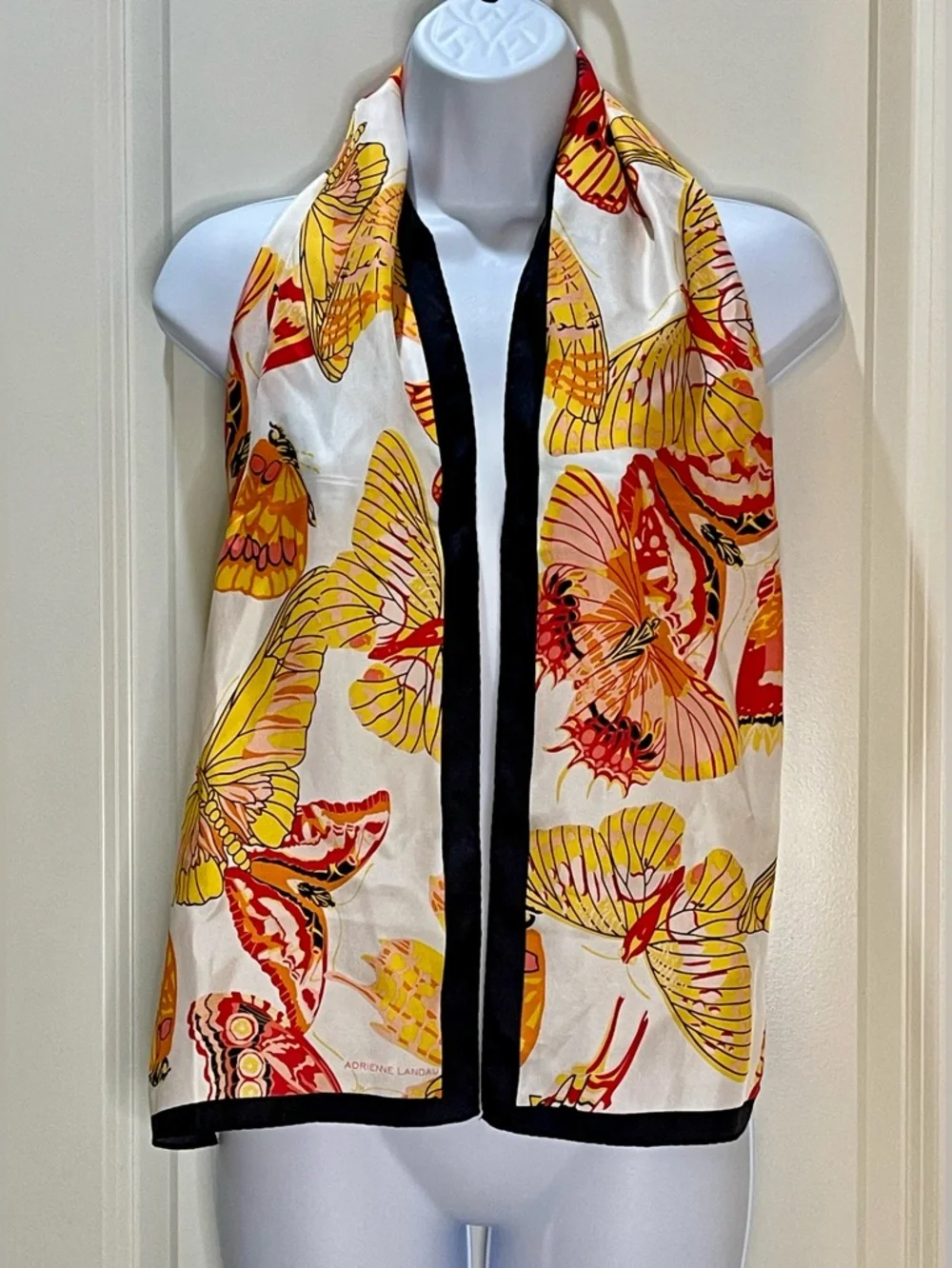 Adrienne Landau 100% Silk Butterfly Print Scarf with Black Trim 11.25x52